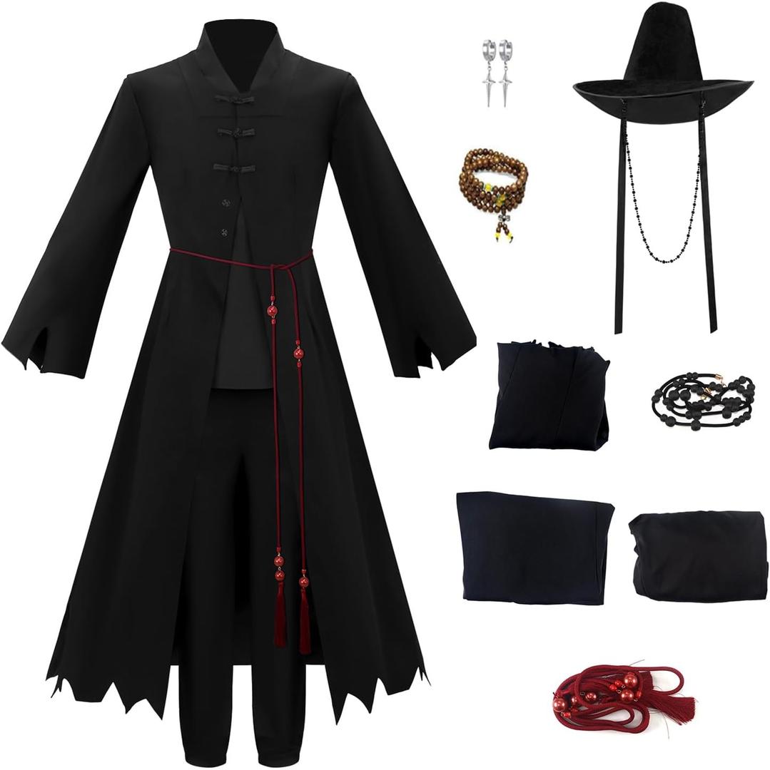 Mens Demon Costume Adult Halloween Singers Cosplay Deluxe Hanfu Coat Tunic Robe Hat Earrings Bracelet Set S Black