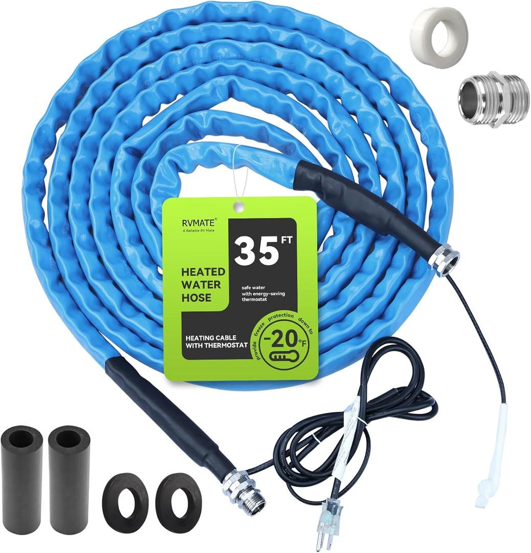 RVMATE Heated Water Hose for RV 35FT, -20  Antifreeze Heated RV Water Hose with Energy Saving Thermostat, for RV/Camper/Home/Garden, RV Accessories