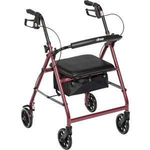 Drive Medical Aluminum Rollator Walker Fold Up and Removable Back Support, Padded Seat, 6" Wheels, Red