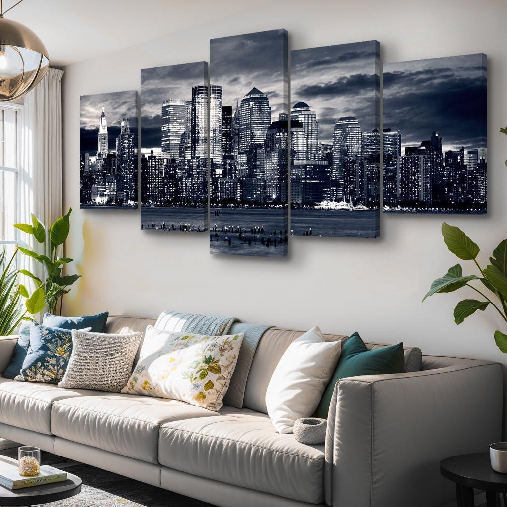 5 Parts New York City Canvas Wall Art Manhattan Skyline at Night Picture Prints Modern Home Office Wall Decoration Stretched Ready to Hang