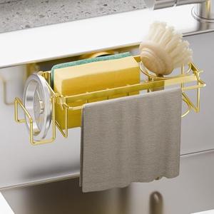 TAILI Sponge Holder with Strong Suction Cup, 4-in-1 Rustproof Sink Organizer - Sink Caddy Holds Sponges, Brushes, Stoppers & Scrapers -Gold