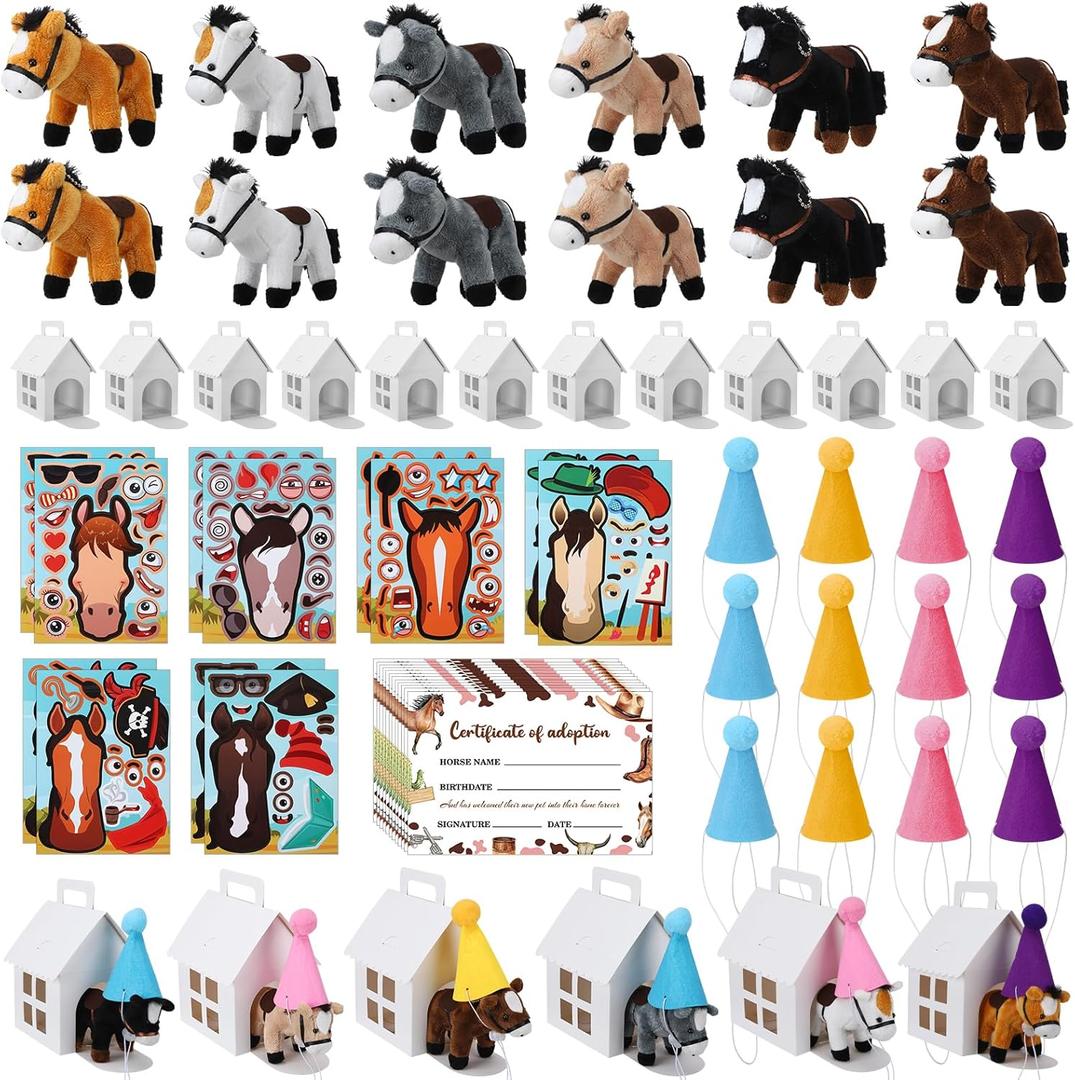60 Pcs Adopt a Horse Party Favors Include 12 Mini Stuffed Horse 12 Foldable Boxes 12 Cards 12 Stickers 12 Birthday Hats for Themed Birthday Party Supplies