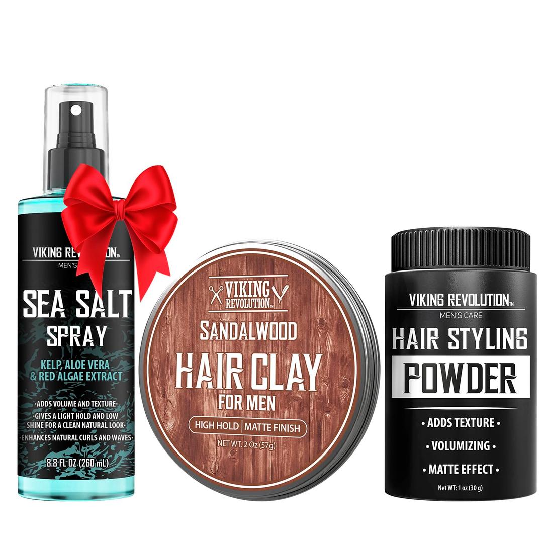 Viking Revolution Sea Salt Spray for Hair Men (8fl oz), Matte Sandalwood Hair Clay (2 oz) and Hair Styling Powder for Men (1oz) - Men Hair Styling Kit - The Ultimate Trio for Texture, Volume, and Hold
