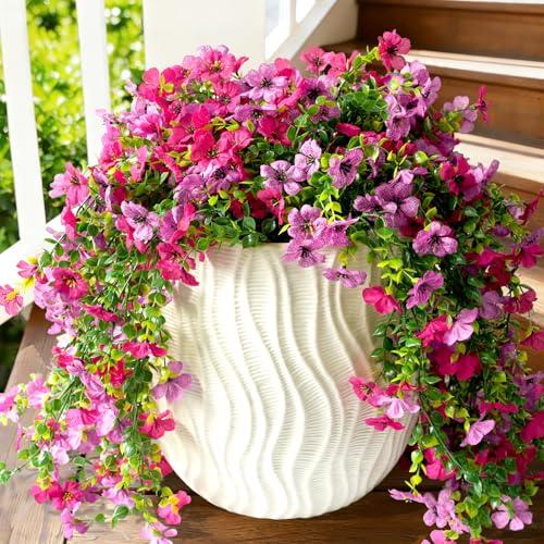 Fanfantoey Artificial Flowers for Outdoors Fake Hanging Decoration, Realistic Plants, UV & Fading Resistant Silk Flower for Spring Porch Patio Balcony Planter Yard (3, Fuchsia Hot Pink)