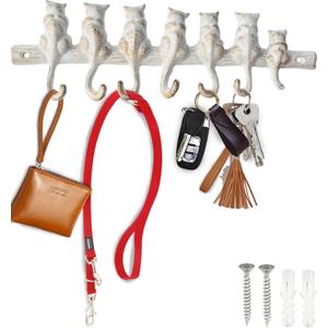 Comfify 7 Cats Wall Hook Rack  Decorative Vintage Design with 7 Hooks  Cast Iron  Wall Mounted  12"x4"  White