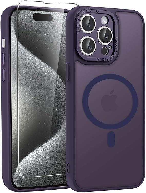 WRJ Case for iPhone 15 Pro Max with Screen Protector, [Compatible with MagSafe][Full Camera Protection] Anti-Fingerprints Slim Translucent Matte Shockproof Phone Cover for Women Men-Dark Purple