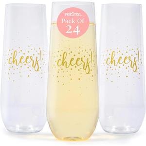 Prestee 24 Pack Stemless Plastic Champagne Flutes - 9 Oz Disposable Cheers Toast Cups for New Year's Eve - Shatterproof Drinkware for Cocktails, and Mimosa Bar Supplies