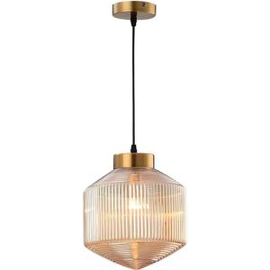 9.8 x 11.8Amber Glass Pendant Lights with Brass Base, Vintage Stripe Ceiling Hanging Lamp, Adjustable Height Lighting Fixture for Kitchen Island Dining Room Bar(Amber)