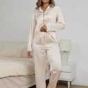 Silk Satin Pajama Sets Women 2 Piece Long Sleeve Sleepwear Soft Button-Down Top with Lace Trim Loungewear Pjs Lounge (Beige, XXL)