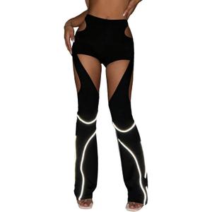 GORGLITTER Women's Rave Pants Outfits Y2K Chaps Cut Out Pant Glowing Low Waist Flare Leg Bottom (Large, Black)