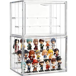 Attelite Acrylic Display Case for Collectibles, 3 Tier Figure Display Cases with 2 Movable Dividers, Clear Stackable Display Box Showcase with Magnetic Door for Action Figures