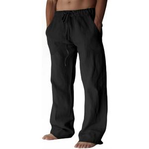 ZARLAN Breathable Men's Cotton Linen Pants Casual Lightweight Summer Beach Elastic Drawstring Waist Trousers (Black, L)