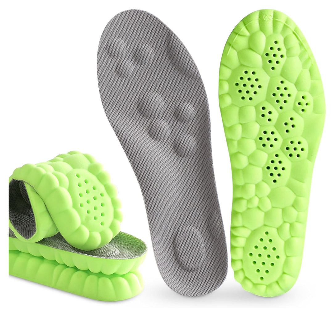 Pickleball Insoles, 4D Memory Foam Arch Support Inserts, Shock Absorbing, Anti-Slip Massage Support, Breathable Comfort for Walking & Sports(Green, Men 8-9/Women 9.5-10)