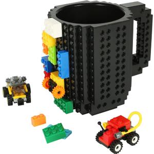 Lumsburry Build-on Brick Coffee Mug, Funny DIY Novelty Cup with Building Blocks Creative for Kids Men Women Xmas Birthday (Cool Black)