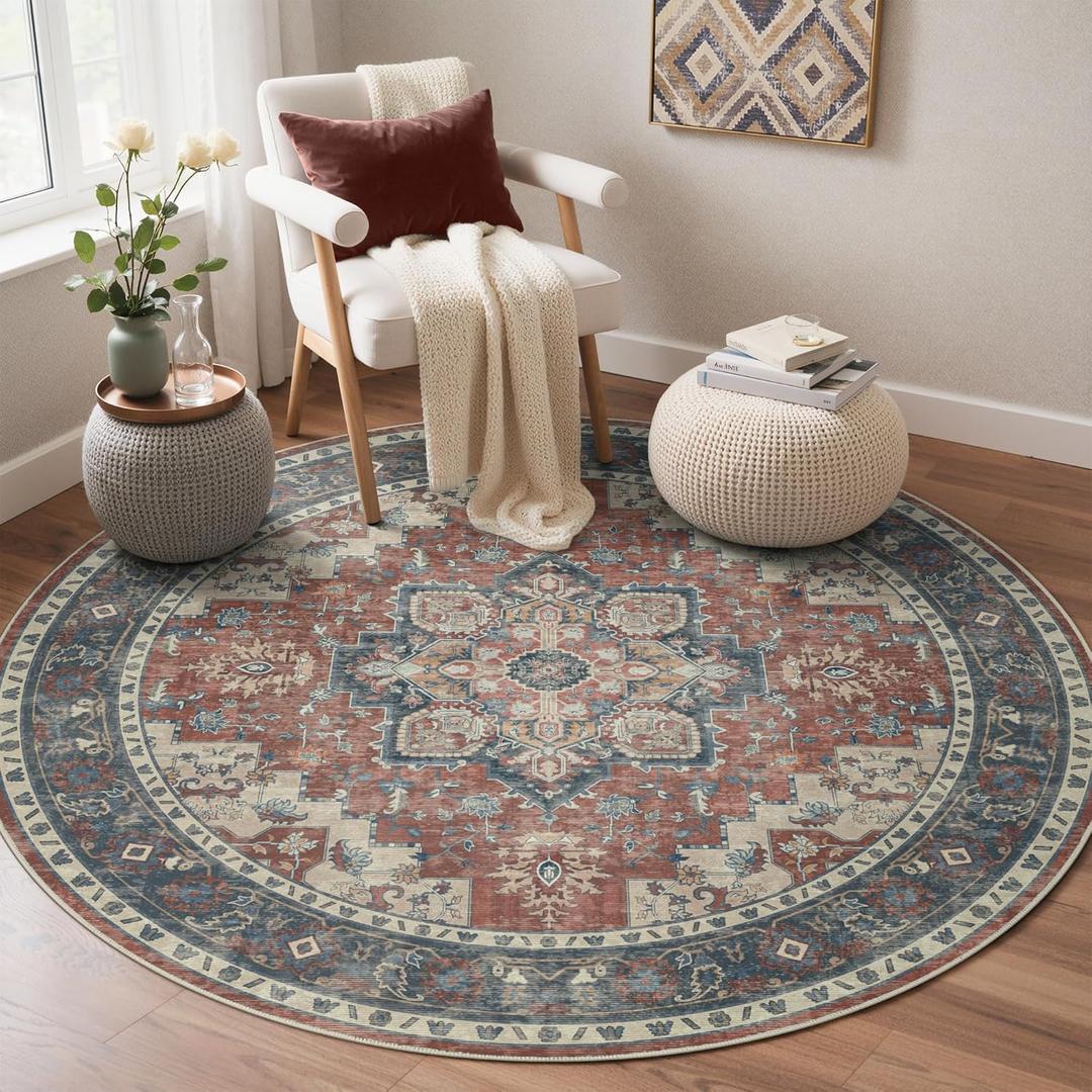GENIMO 5FT Round Area Rugs for Living Room, Circle Rugs Machine Washable Low Pile, Chenille Non Slip Vintage Rug for Bedroom, Dining Room, Home Office, Bordeaux
