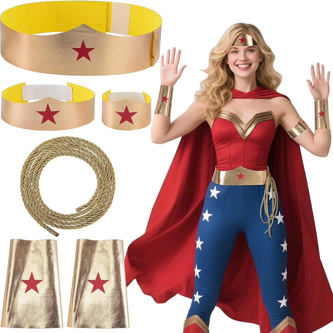 5 Pcs/Set Woman of Wonder Star Costume Accessories, Halloween Wonder Cosplay Accessory, Woman of Hero Gold Tiara Cuffs Armband Belt Lasso Set for Adults Role Play Halloween Party