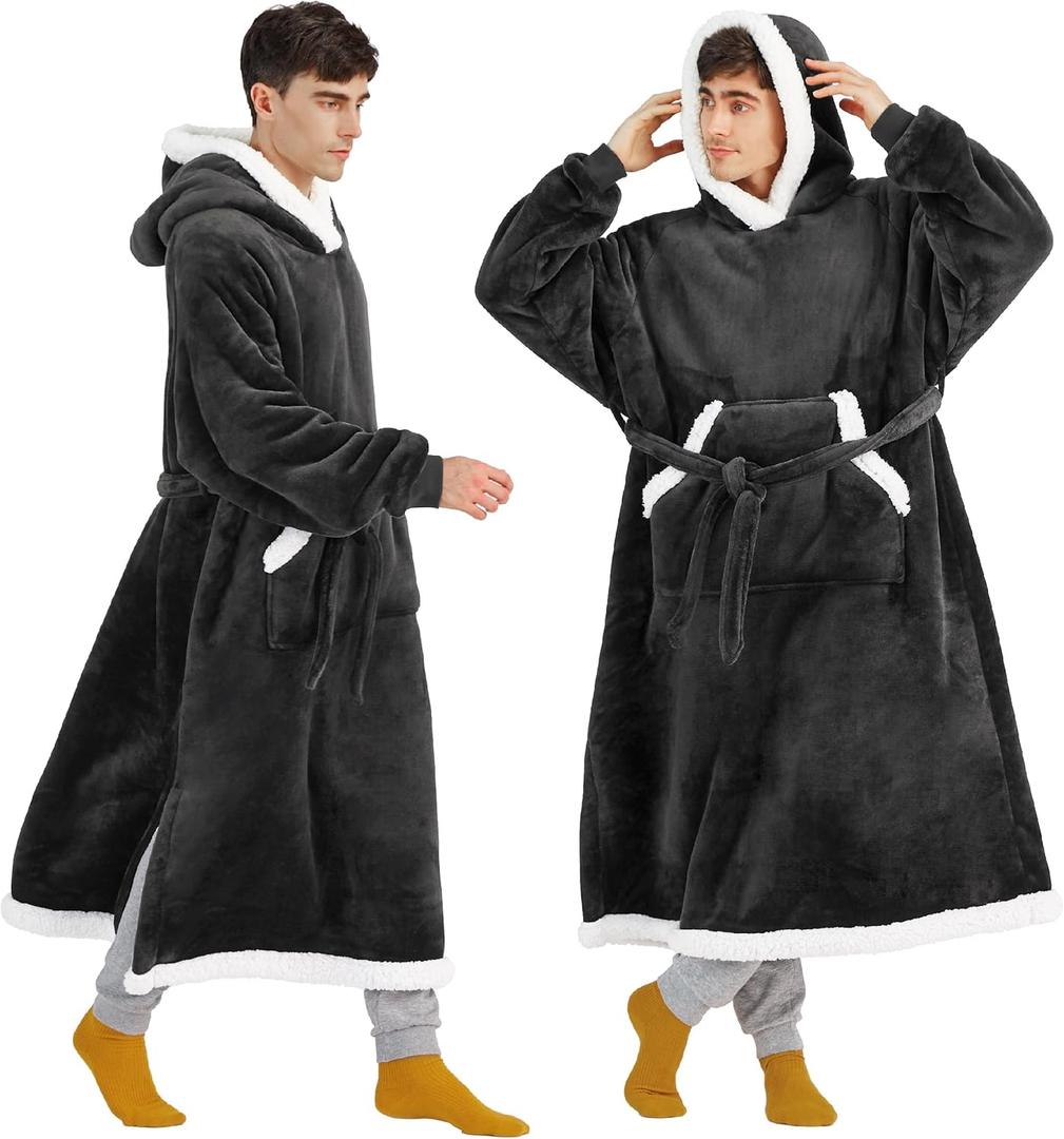 Bedsure Wearable Blanket Hoodie, Long Hooded Blanket Sweatshirt as Christmas Birthday Gifts for Men, Cozy Sherpa Hoodie for Adult, Oversize, Charcoal