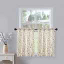 VOGOL Tier Curtains Linen Textured 36 Inches Long Curtains for Kitchen Small Cafe, Birds and Leaf Print Valances Top Pocket Window Drapes for Farmhouse, 2 Panels, 30x36