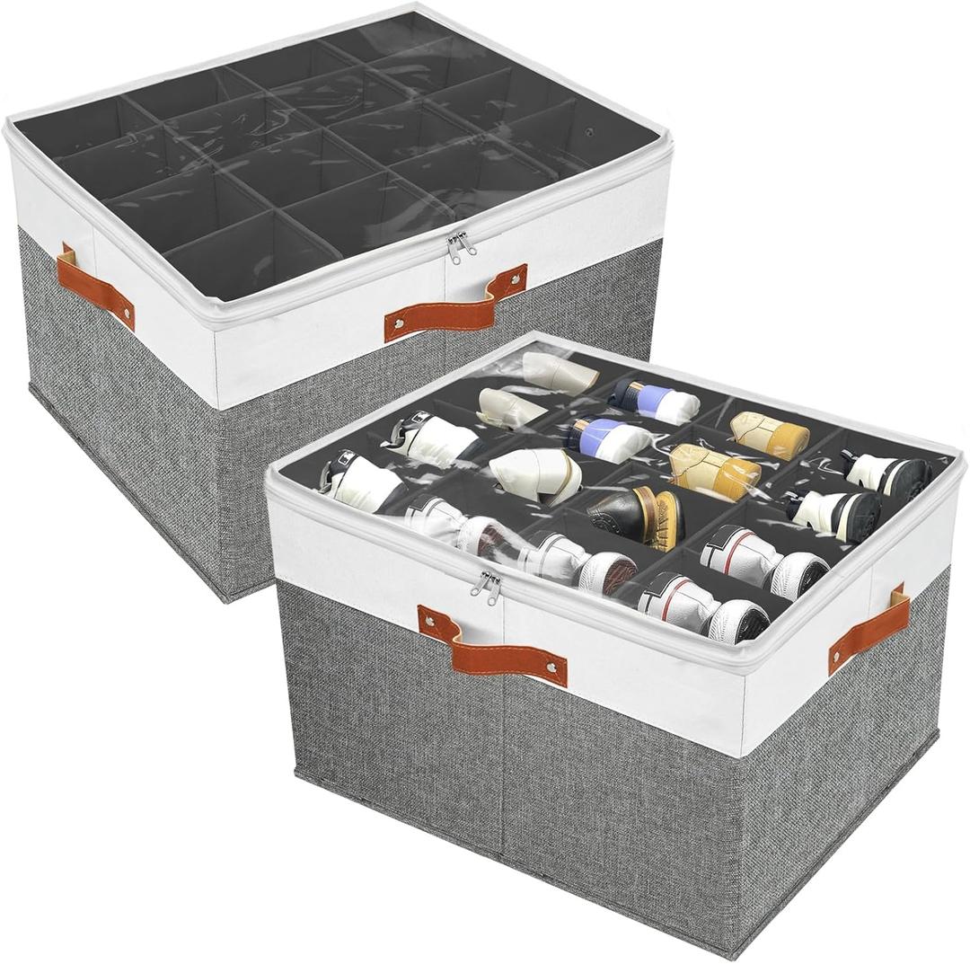2 PACK Shoe Storage Organizer for Closet, Stackable Shoe Storage Box for Entryway, Cube Storage Cabinet, Organizador De Zapato, Folding House Container with Clear Cover, Holder Shoe Rack (Grey)