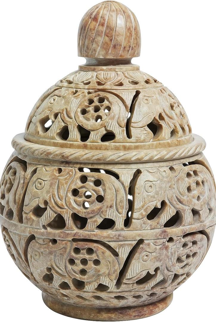Handmade Natural Soapstone Tealight Candle Holder with Lid Carved Elephant Design | Decorative Lantern for Home, Living Room, Office | Handcrafted Candle Holder Gift 4x4 Inch