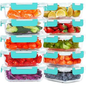 KOMUEE 10 Packs 22 oz Glass Meal Prep Containers, Glass Food Storage Containers with Lids, Airtight Lunch Boxes BPA Free, Microwave and Freezer Safe, Green