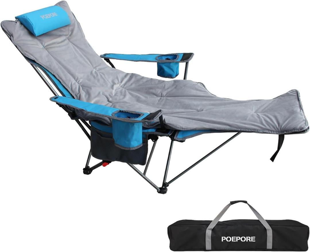 Reclining Camping Chair with Removable Footrest Lounge Chair with Headrest, Cotton Cushion, Portable Adjustable Folding Chairs (1 pack, Blue)