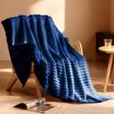 Nookly Navy Fleece Throw Blanket for Couch, Soft Lightweight Ribbed Plush Blanket for Sofa and Bed, All-Season Cozy Striped Throw for Women Girl 50x60 Inches