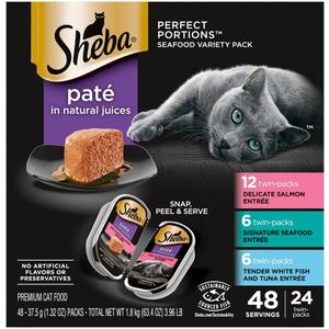 Sheba Perfect Portions Wet Cat Food Pate with Sustainable Salmon, Signature Seafood Entree, and Tender White Fish and Tuna Entree Variety Pack, 2.6 oz. Twin Pack Trays (24 Count, 48 Servings) (EXP 03/31/28)