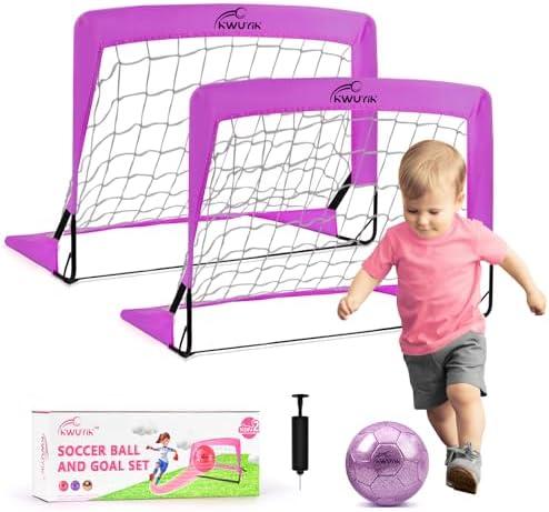 4Pcs Soccer Goals Set 2Pcs Soccer Nets 2x1.5ft 1Pcs Ball 1Pcs Pump Indoor Soccer Nets for Kids with Size 2 Toddler Soccer Ball Foldable Net with Pump Pink Purple for Children Boys Girls