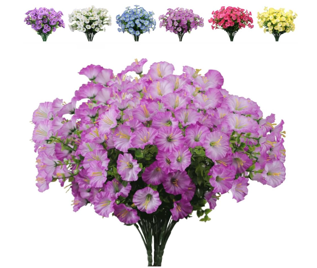 Bundles Artificial Morning Glory Fake Boxwood Shrubs UV Resistant No Fade Faux Greenery Plastic Petunia for Home Garden Hanging Planter Indoor Outdoor Porch Patio Wedding Decoration(Fuchsia)