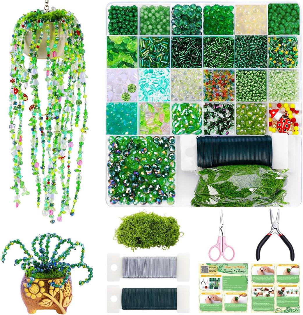 5422 Pcs Beaded Plant Kit Green Glass Beads for Plant Making, Green Beads for Beaded Plants with Video Tutorials, Nature Crystal Glass Leaf Bead for Jewelry Making DIY Craft Kit Plants Lover Gifts