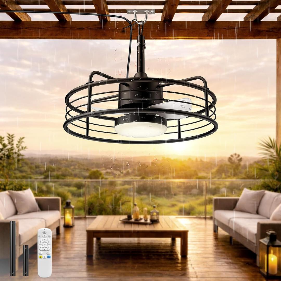 AKOFUN 20" Gazebo Outdoor Ceiling Fans with Lights, IP65 Waterproof Ceiling Fan with Remote, Quiet DC Motor, 1200 Lumens Dimmable 3000-6500K, Caged Plug-in Ceiling Fan for Patio Porch Pergola Canopy