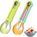 2025 Upgraded 3-in-1 Stainless Steel Fruit Carving Tool Set, Watermelon Fork Slicer Ice Cream Watermelon Spoon Cutting Knife (Blue+Green)