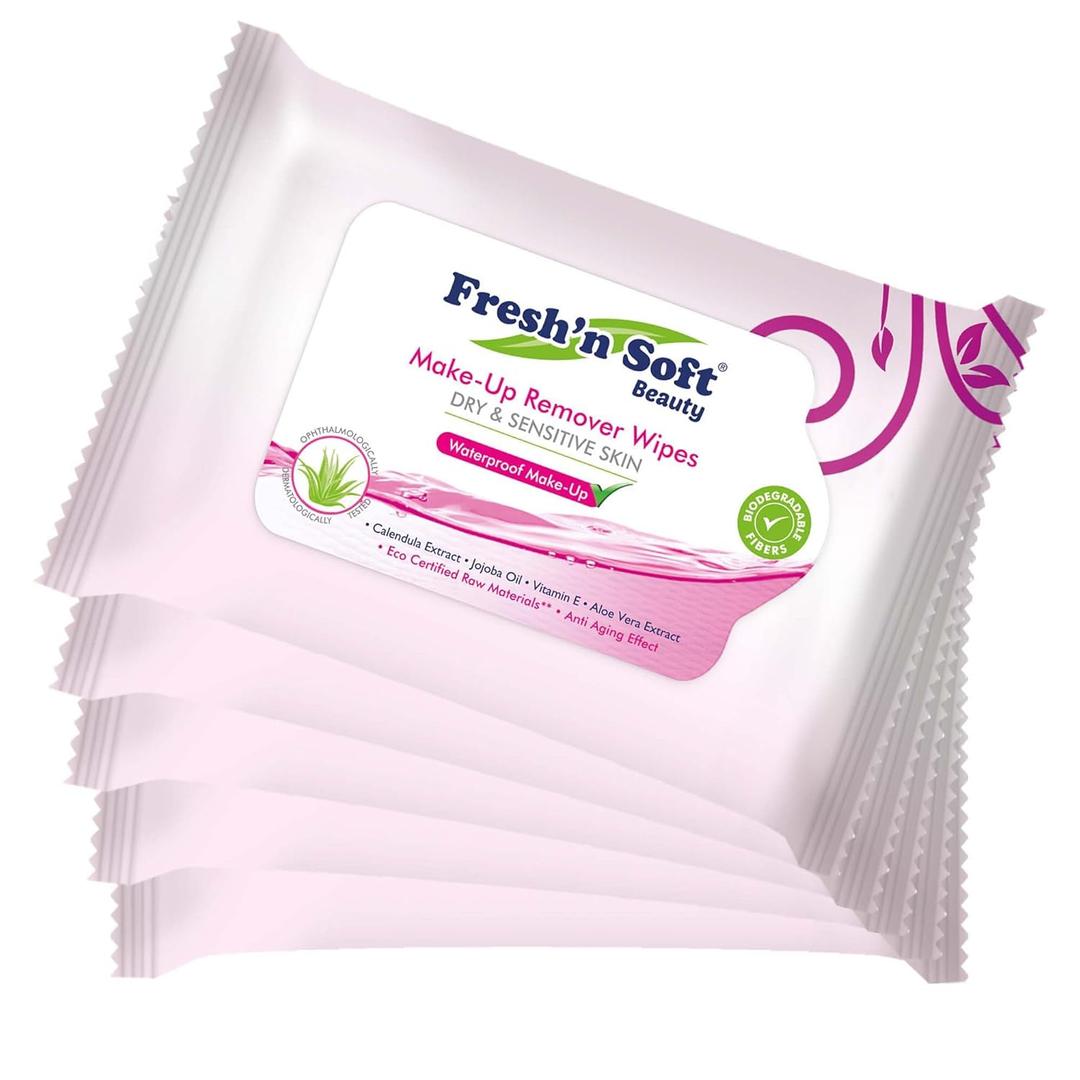 Waterproof Make-Up Removal Wipes for Dry & Sensitive Skins, Anti Aging Effect, Enriched with Olive Oil Extract, Macadamia Nut Oil, Chamomile Extract, and Vitamin E (25 Count (Pack of 5))