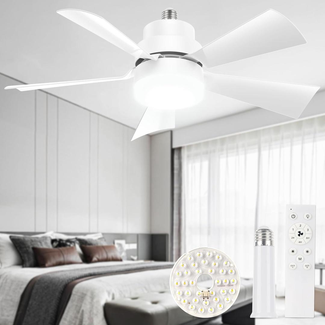 Socket Fan Light, Ceiling Fans with Spare Light Panel Replacement, E26 E27 Screw in Lightbulb Fan Dimmable for Kitchen Garage Basement Laundry Room White