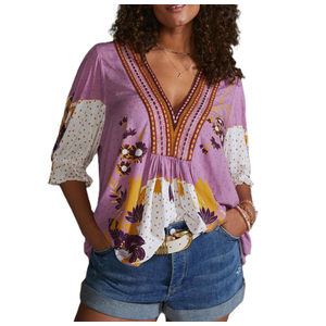 Women Y2k Floral Blouse Puff Sleeve Tops Ruffle Trim V Neck Boho Flower Patchwork Shirt Retro Going Out Top, Small