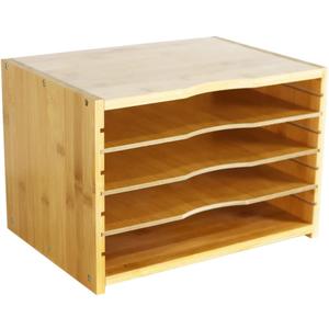 WKWKER File Organizer with 3 Adjustable Shelves Bamboo Document Letter Tray Paper File Sorter for Desktop Office Home Study Workstation Desk Storage Rack (Natural)