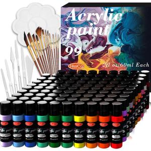 HissiCo 118PCS Acrylic Paint Set of 99 Colors 2fl oz 60ml Bottles with 12 Brushes 6 Paint Knives and Palette,Non Toxic Rich Pigment for Kids Adults Artists Canvas Crafts Wood Painting