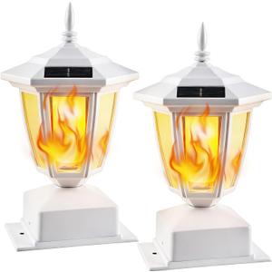Dynaming 2 Pack Solar Flame Post Lights Outdoor, Solar Powered Lamps Fence Post Cap Lights, Flickering Flame LED Lantern Waterproof for Garden Deck Patio, Fit 4x4, 5x5 or 6x6 Wooden Posts, White Shell