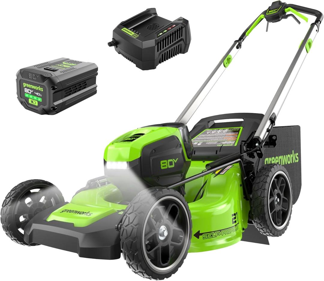 Greenworks 80V 21" Self-Propelled Cordless Lawn Mower Brushless Motor, LED Lights, 4.0Ah Battery & Rapid Charger (75+ Compatible Tools)