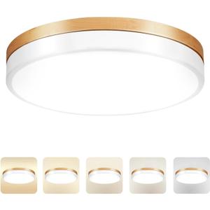 15.8 inch Dimmable Wood LED Flush Mount Ceiling Light Fixture,36W 3600LM,3000K/3500K/4000K/5000K/6000K CCT Selectable,Close to Ceiling Round Flat Panel Light for Bedroom,Hallway,Kitchen, 15.8 inch-1PK
