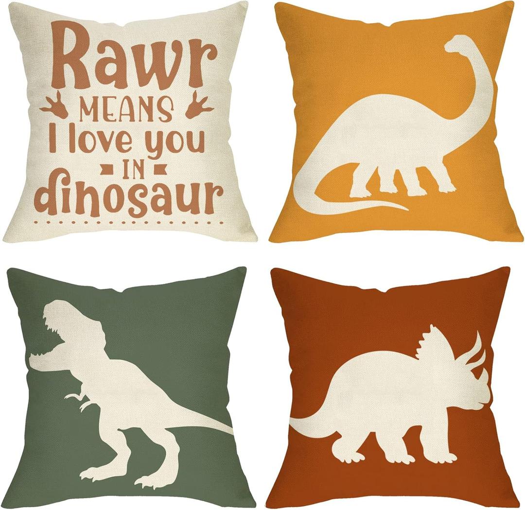 Dinosaur Rawr Means I Love You Home Decorative Throw Pillow Cover Set of 4, Inspirational Quote Cushion Case 20x20 for Boy Kid, Bedroom Nursery Sofa Couch Decor Dino Baby Shower Decoration Gifts