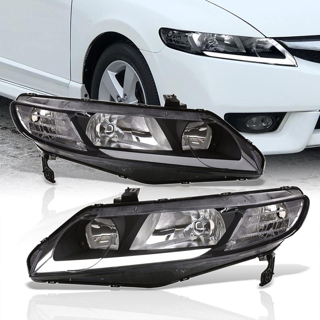 AJP Distributors LED DRL Tube Bar Driving Head Lights Bumper Corner Turn Signal Reflector Lamps Assembly Pair Left+Right Compatible/Replacement For Civic FA JDM 4DR Sedan 2006 2007 2008 2009 2010 2011 (Black Housing / Clear Reflector)