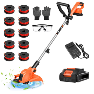 Cordles Weed Wacker, 21V Electric Weed Eater Battery Powered, No String Trimmer with Wheels & Metal Blades, Lightweight Grass Trimmer/Lawn Edger/Brush Cutter, Stringless Weed Trimmer for Yard Garden