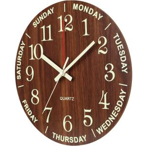 Wall Clock 10 Inch Brown Weekly Wall Clock Silent Battery Operated Luminous Hands Retirement Elderly Wooden Glow in The Dark Clock