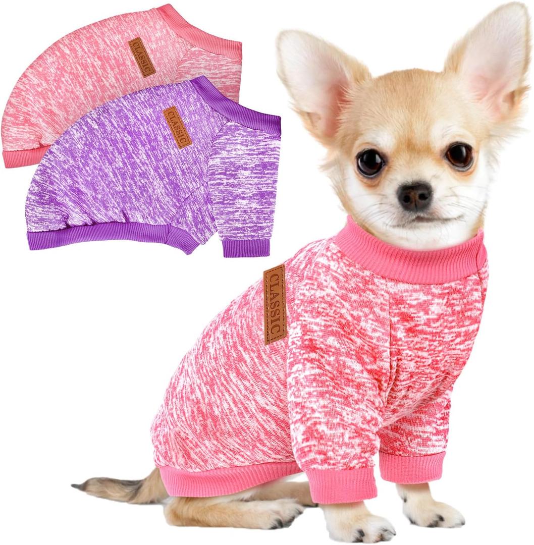 2 Pcs Dog Sweaters for Small Dogs Girl Boy Winter Fleece Clothes Warm Soft Dog Sweatshirt Outfit for Dogs Cats Pet Apparel (S (Back: 11.8", Chest: 15.7", 5.5-10 lbs), Pink+Purple)