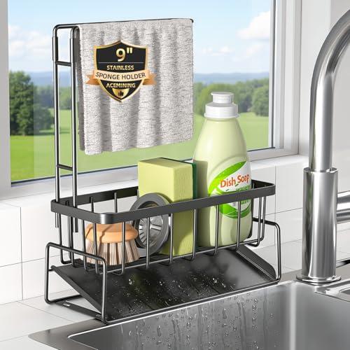 Sponge Holder for Kitchen Sink, Kitchen Sink Organizer with Towel Rack, Rustproof 201 Stainless Steel Sink Caddy, Kitchen Accessories and Decor
