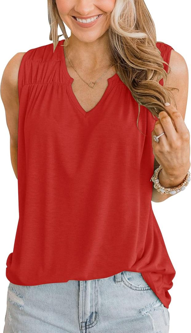 Vivitulip Womens Tank Tops V Neck Casual Solid Color Cami Loose Fit Basic Summer Shirts Blouses Red, Medium