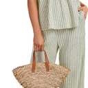 LYANER Women's 2 Piece Outfits Ribbed Knit Peplum Cami Top Wide Leg Pants Lounge Set