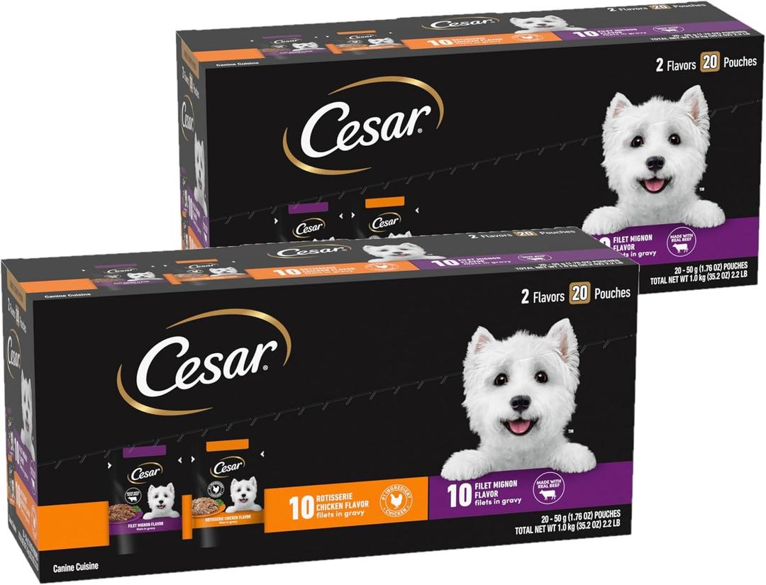 Cesar Mini-Pouch Wet Dog Food, Filet and Chicken, 1.76 oz, 20 Count, 2-Pack (EXP 12/21/27)